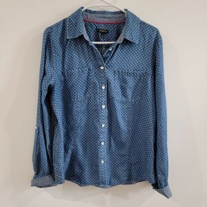 Talbots Womens Button Up Top Size 14 Chambray Polka Dot Rockabilly